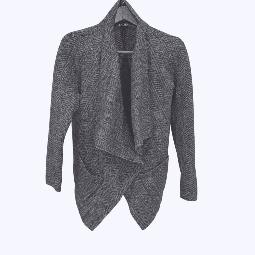 Lauren Ralph Lauren Gray Herringbone Wool Blend Open Front Cardigan Sweater Med